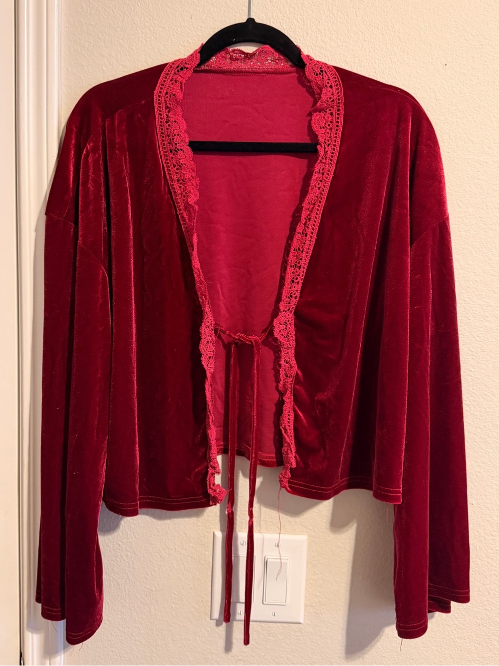 90s Velvet Lace-Trim Bell Sleeve Open Front Cardigan with tie front - Deep Red